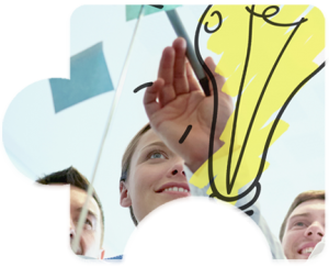 Business team reviews ideas on a clear board with a large yellow lightbulb illustration