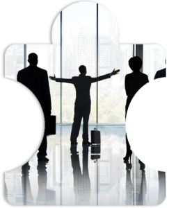 A group of business people in silhouette standing in front of a large office glass window with one person arms out implying leadership